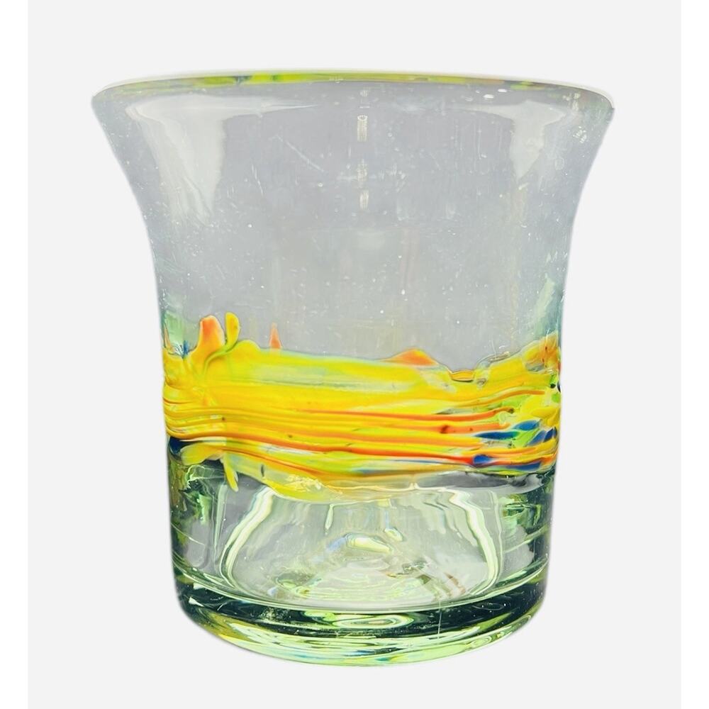 Mexican Hand Blown Glass Tumbler Yellow/Orange/Blue‎ Swirl Spiral 4"T 4”W HEAVY